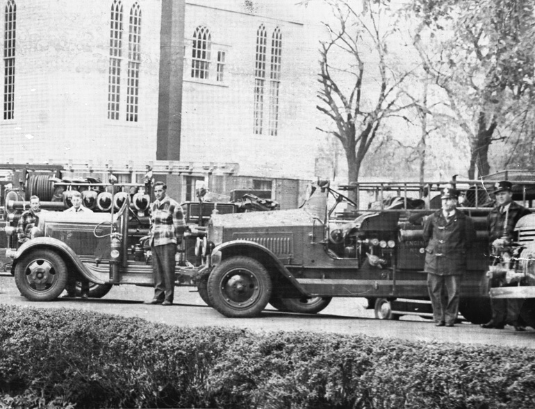 1952 Fire Prevention Week with Apparatus lined up on the Common near the Unitarian Church