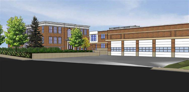 View of new Center Fire Station from Billerica Road showing five apparatus 
	bays and smaller parkign areas